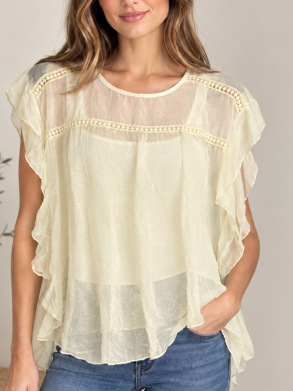 Made in Italy Silk Ruffle Sleeve Crochet Women's Tunic Top In Pale Yellow